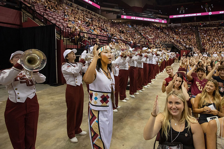 The Marching Chiefs perform at New Student Convocation on Aug. 21, 2022, at the Donald L. Tucker Civic Center. (FSU Photography Services)