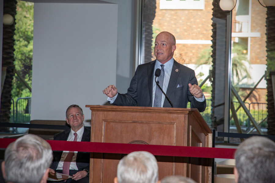 Peter Collins, chair of the FSU board of trustees, speaks at the new Student Union ribbon cutting, Friday Sept. 23, 2022. (FSU Photography Services).