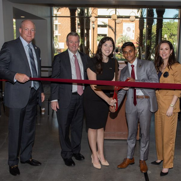 (L to R) Peter Collins, chair of the FSU Board of Trustees; FSU President Richard McCullough; Katie Feldkirchner, student union board chair; Nimna Gabadage, FSU student body president; and Amy Hecht, Vice President for Student Affairs, at the new Student Union ribbon cutting, Friday Sept. 23, 2022. (FSU Photography Services).