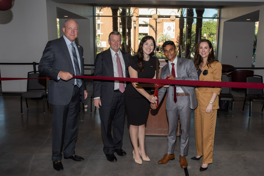 (L to R) Peter Collins, chair of the FSU Board of Trustees; FSU President Richard McCullough; Katie Feldkirchner, student union board chair; Nimna Gabadage, FSU student body president; and Amy Hecht, Vice President for Student Affairs, at the new Student Union ribbon cutting, Friday Sept. 23, 2022. (FSU Photography Services).