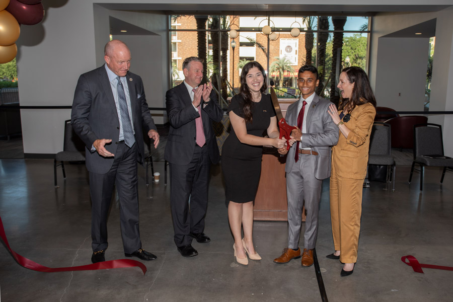 (L to R) Peter Collins, chair of the FSU Board of Trustees, FSU President Richard McCullough, XXX, XXX and Amy Hecht, Vice President for Student Affairs the new Student Union ribbon cutting, Friday Sept. 23, 2022. (FSU Photography Services).