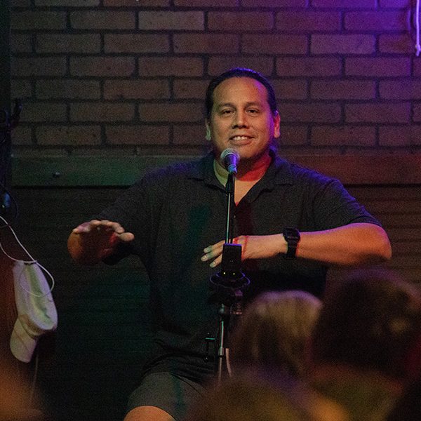 Seminole artist Brian Zepeda shares a story about the Seminole Tribe of Florida on Thursday evening at Blue Tavern in Tallahassee. (FSU Photography Services/Bill Lax)