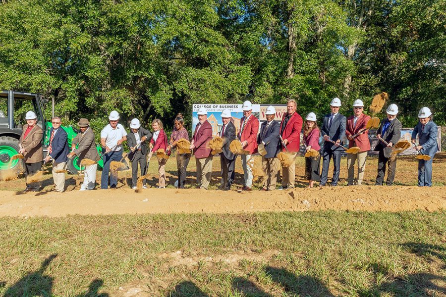 University administrators, FSU Trustees and local officials break ground on Legacy Hall, the future home of the College of Business, during a ceremony Oct. 14, 2022. (Kallen Lunt)