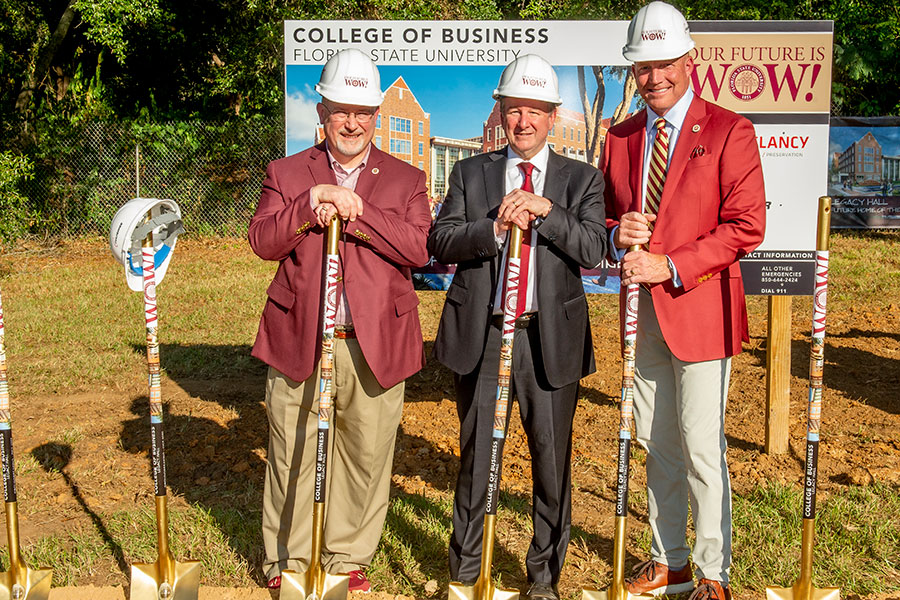College of Business Dean Michael Hartline, President Richard McCullough and Board of Trustees Chair Peter Collins at the groundbreaking ceremony for Legacy Hall on Oct. 14, 2022. (Kallen Lunt)