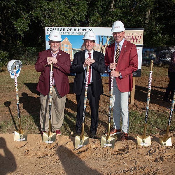 College of Business Dean Michael Hartline, President Richard McCullough and BOT Chair Peter Collins at the groundbreaking of Legacy Hall Oct. 14, 2022. (FSU Photography Services)