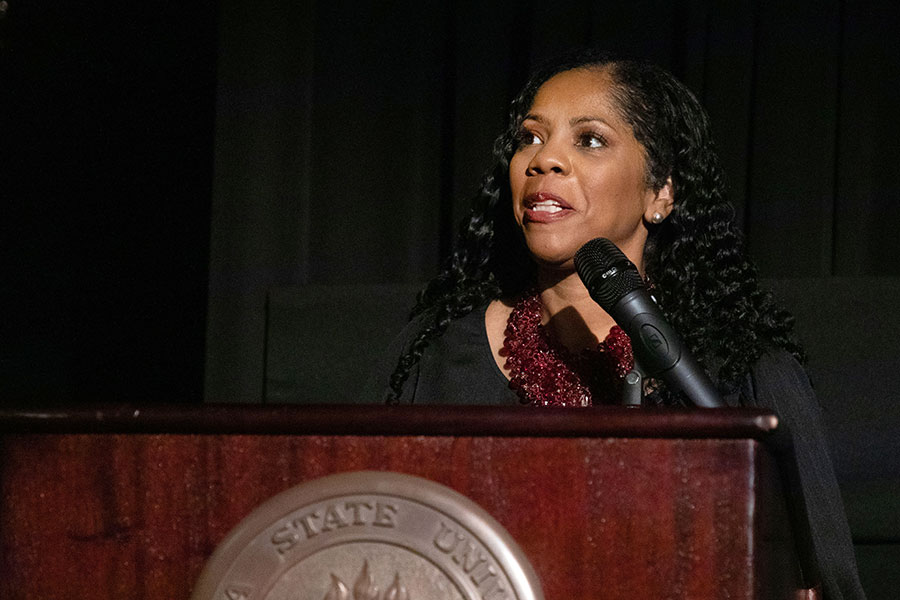 Associate Vice President for Human Resources/Finance & Administration Chief of Staff Renisha Gibbs introduces Lenore Pearlstein, publisher of INSIGHT Into Diversity, during a ceremony on Oct. 11, 2022, at the Askew Student Life Center. (FSU Photography Services)