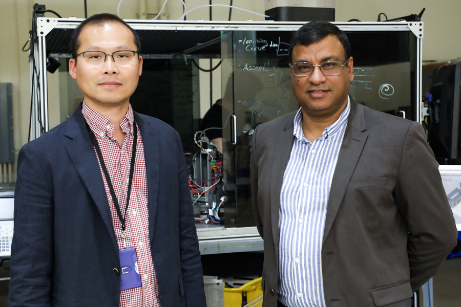 From left, Chiwoo Park, an associate professor in the FAMU-FSU College of Engineering, and Anuj Srivastava, a professor in the Department of Statistics in FSU's College of Arts and Sciences. They are developing a motion-and-time analysis to measure the various motions of the human body during work. (Devin Bittner/FSU Arts and Sciences)