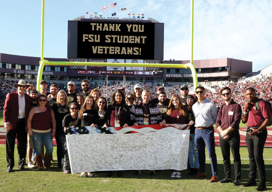 Florida State Athletics has been among the university’s most veteran-supportive departments. In addition to conducting annual Military Appreciation Games in a variety of sports, Athletics also displays the Veterans Alliance arrowhead symbol on banners, videoboards and even players’ helmets.