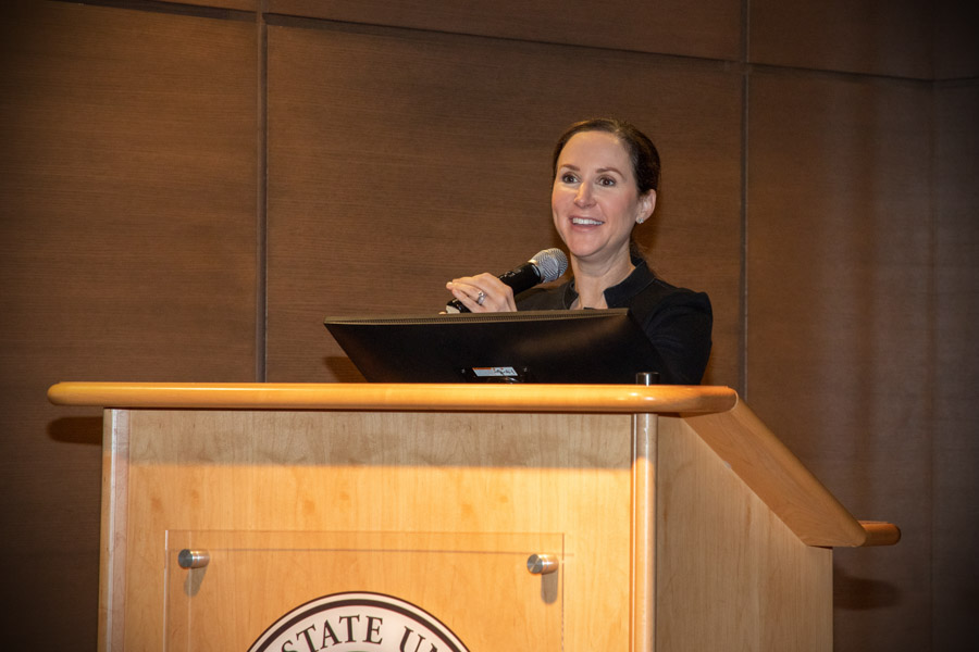 Amy Hecht, vice president for Student Affairs, addresses audience members at the The Globe on Tuesday, Nov. 1.