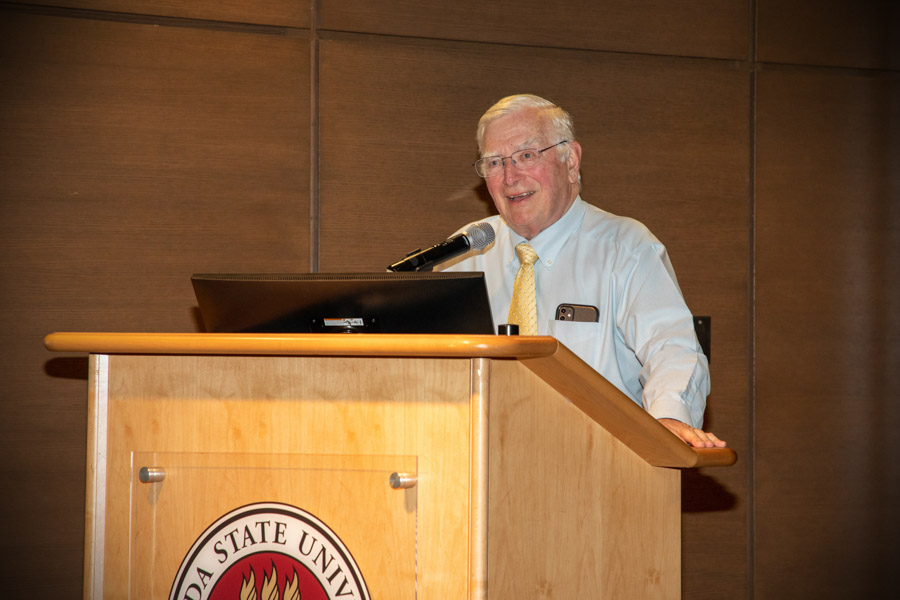 Jim Pitts, director of FSU International Programs, addresses audience members at the The Globe on Tuesday, Nov. 1.