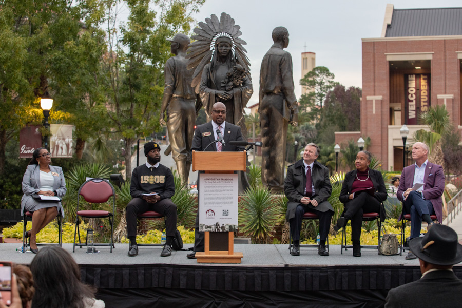 FSU National Black Alumni President Ahli Moore speaks at the 60th Anniversary of Integration Recognition Ceremony on Nov. 17, 2022. (FSU Photography Services)