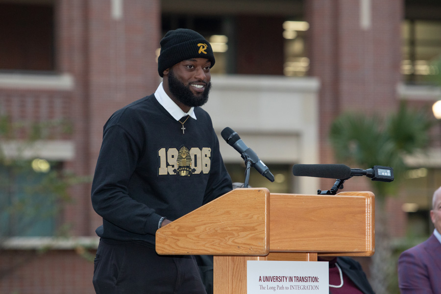 FSU Black Student Union President Jasen Louis speaks at the 60th Anniversary of Integration Recognition Ceremony on Nov. 17, 2022. (FSU Photography Services)
