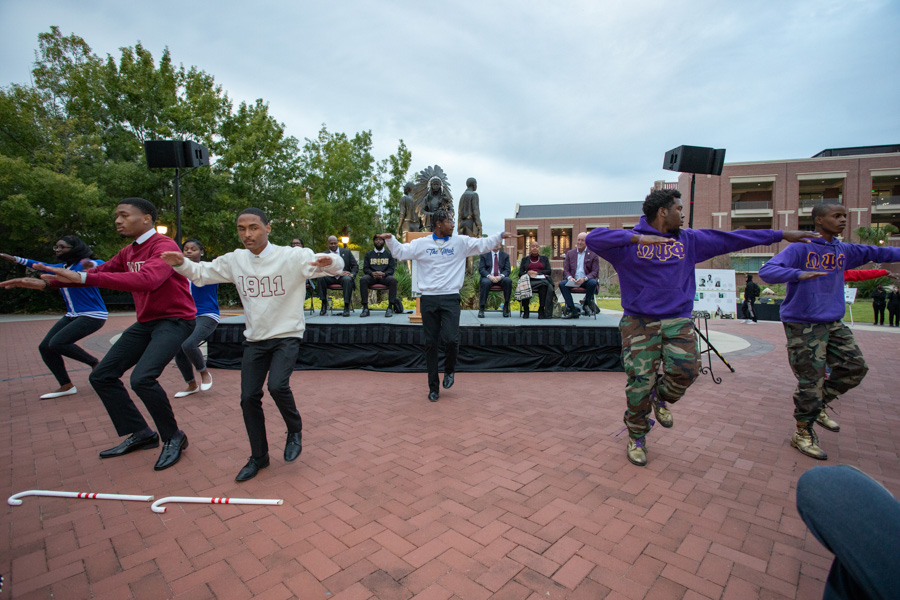 National Pan-Hellenic Council members perform a unity step routine at the 60th Anniversary of Integration Recognition Ceremony on Nov. 17, 2022. (FSU Photography Services)