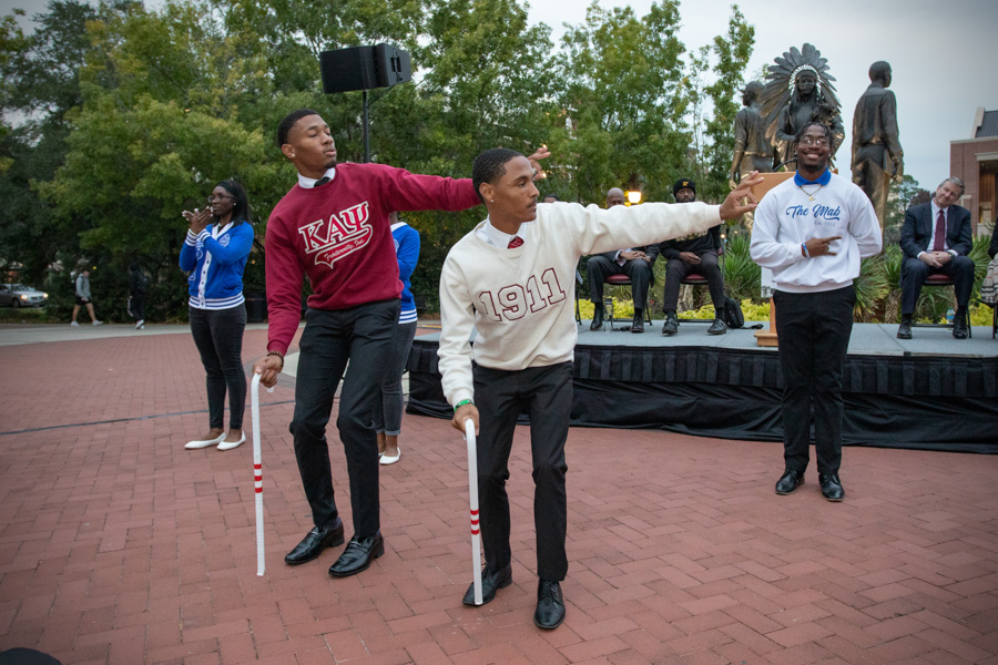 National Pan-Hellenic Council members perform a unity step routine at the 60th Anniversary of Integration Recognition Ceremony on Nov. 17, 2022. (FSU Photography Services)