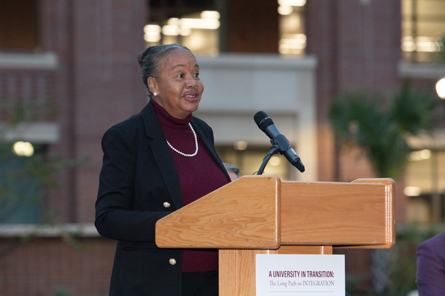 Maxine Montgomery, FSU’s Robert O. Lawton Distinguished Professor, speaks at the 60th Anniversary of Integration Recognition Ceremony on Nov. 17, 2022. (FSU Photography Services)