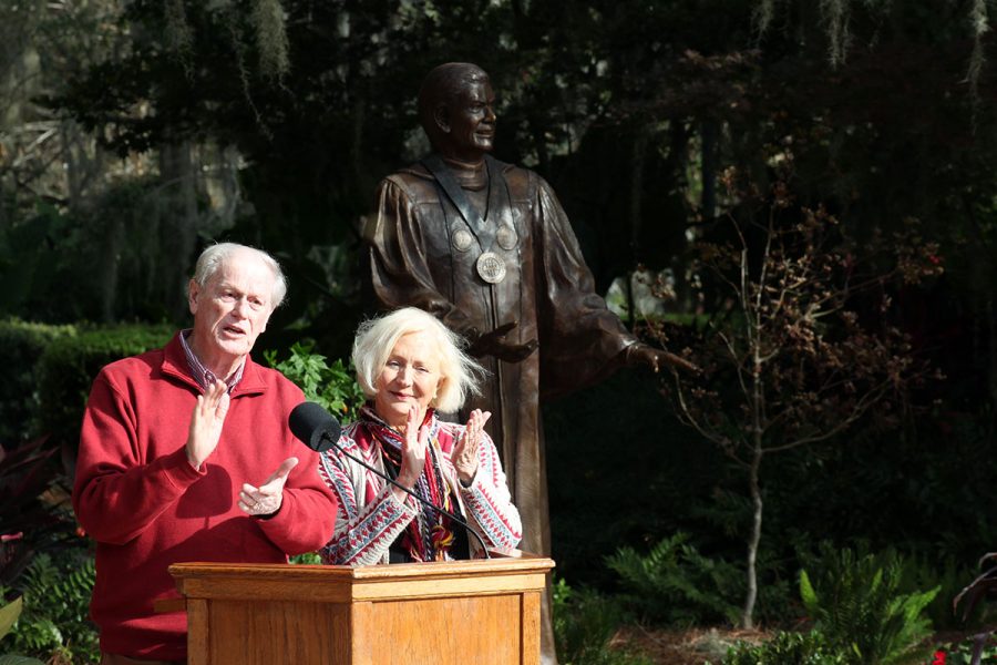 President Emeritus John Thrasher and FSU First Lady Jean Thrasher address attendees during Thrasher's statue dedication ceremony Saturday, Nov. 19, 2022, at Westcott Plaza.