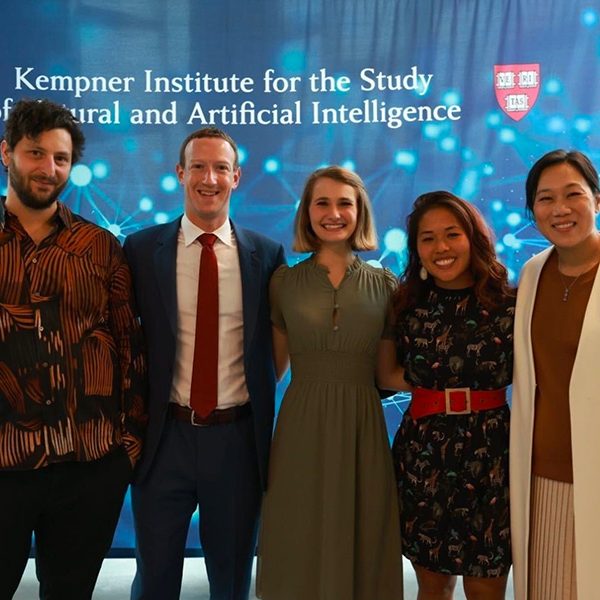 Olivia Rose, center, poses with Mark Zuckerberg, second from left, and Priscilla Chan, far right. Joining them are Harvard postdoc fellow Caleb Weinreb, left, and graduate student Lily Xu.