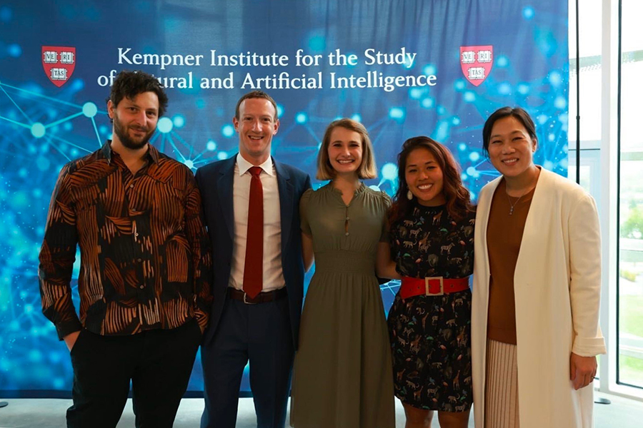 Olivia Rose, center, poses with Mark Zuckerberg, second from left, and Priscilla Chan, far right. Joining them are Harvard postdoc fellow Caleb Weinreb, left, and graduate student Lily Xu.