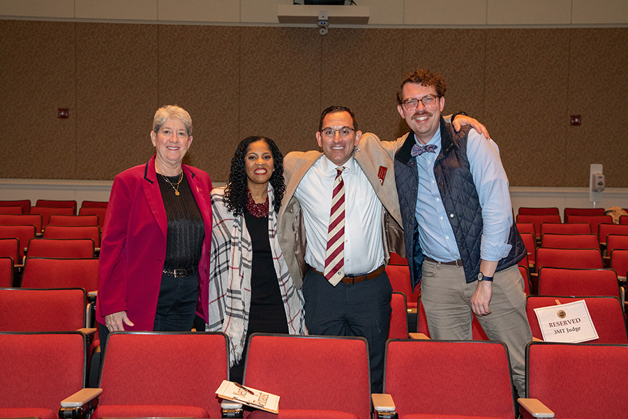 Cecile Reynaud, retired FSU volleyball coach and faculty member and former chair of the USA Volleyball Board of Directors; Renisha Gibbs, associate vice president for Human Resources and Finance and Administration chief of staff; Jason Pappas, associate teaching professor and experiential learning coordinator in the Department of Sport Management; and Dylan Rogers, a postdoctoral scholar in the Department of Classics. (FSU Photography Services/Bill Lax)