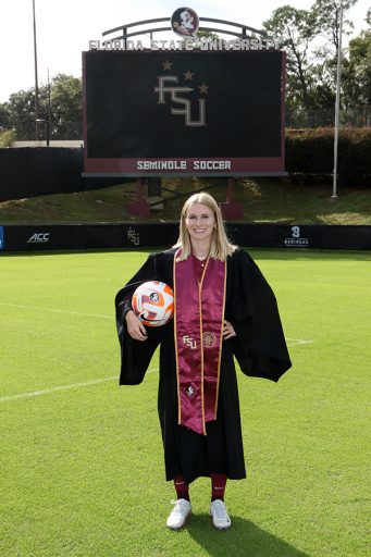Jenna Nighswonger, a midfielder on the women’s soccer team from Huntington Beach, California, graduated Friday, Dec. 9 with a near-perfect GPA and a finance degree from the College of Business.