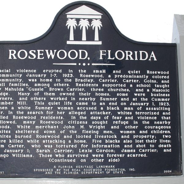 A state historical marker about the Rosewood massacre. (George Lansing Taylor Jr./University of North Florida)
