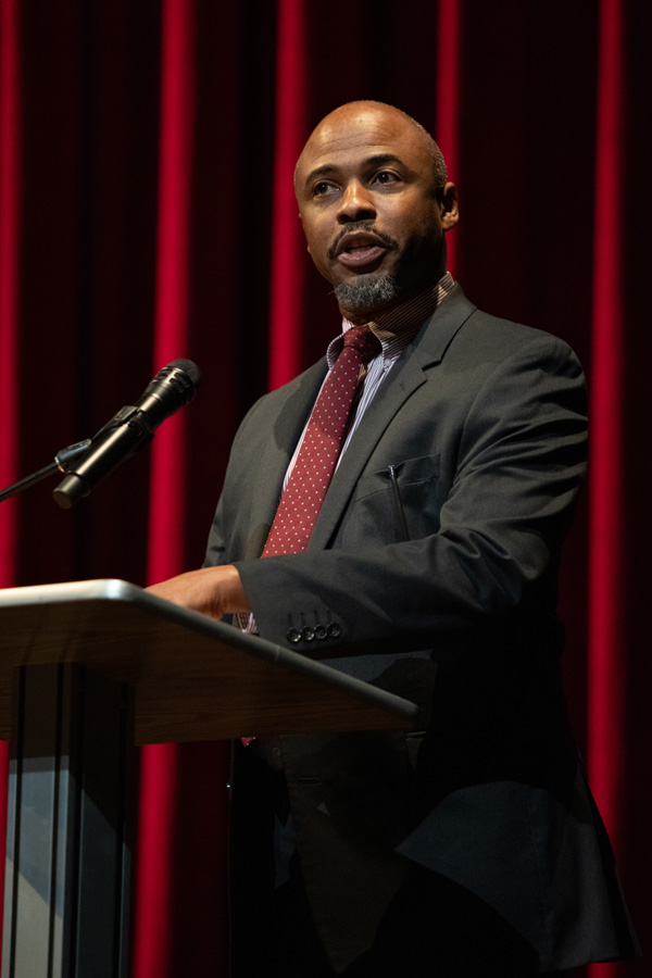 James Frazier, dean of the FSU School of Theatre speaks at the Prague Quadrennial of Performance Design and Space unveiling on Jan. 12, 2023 in the Richard G. Fallon Theatre. (FSU Photography Services)