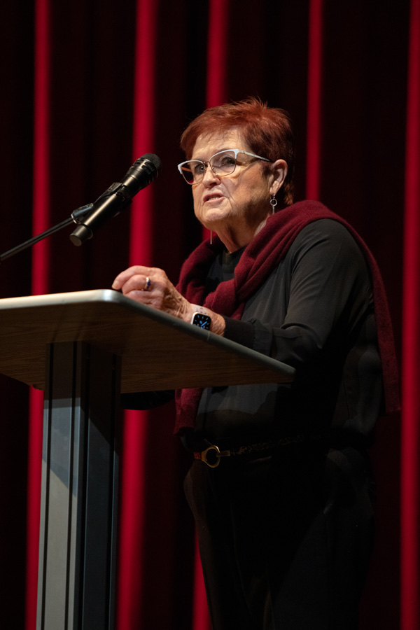 Carolyn Satter, president of the United States Institute for Theatre Technology speaks at the FSU School of Theatre Prague Quadrennial of Performance Design and Space unveiling on Jan. 12, 2023 in the Richard G. Fallon Theatre. (FSU Photography Services)