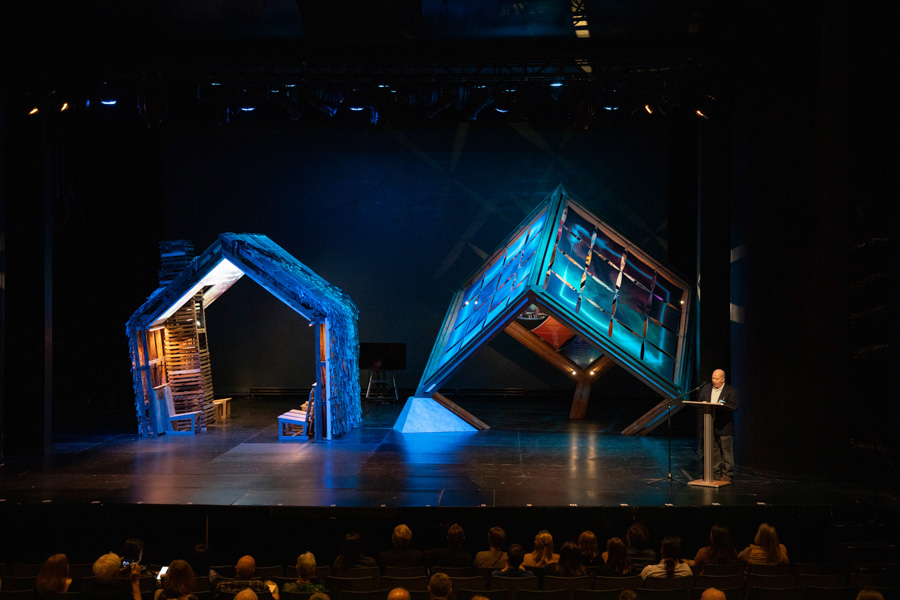 Jim Lile, associate professor of technical production, speaks at the FSU School of Theatre Prague Quadrennial of Performance Design and Space unveiling on Jan. 12, 2023 in the Richard G. Fallon Theatre. (FSU Photography Services)