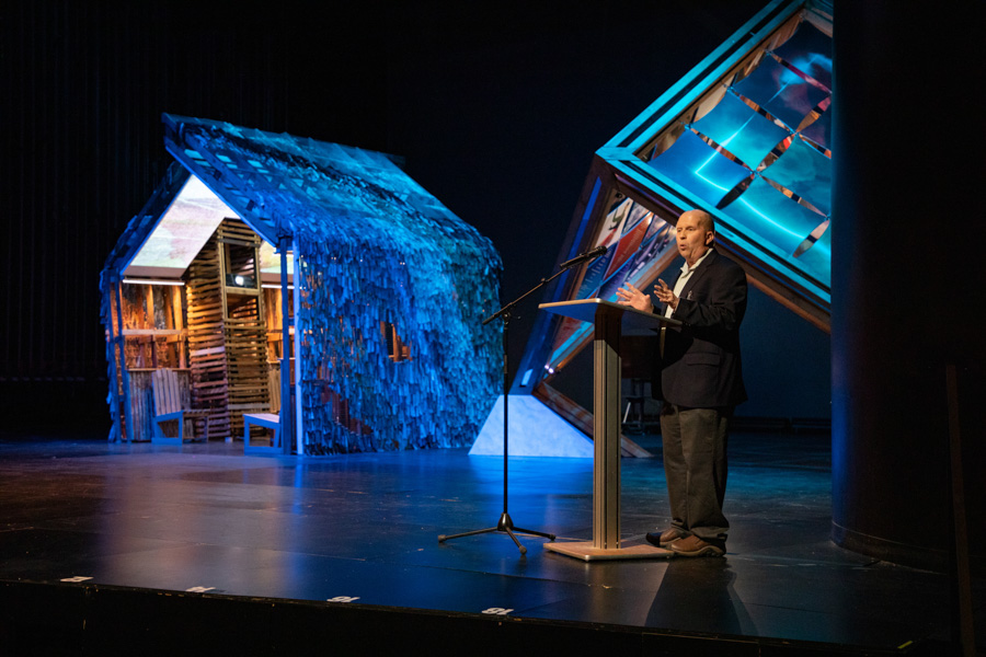 Jim Lile, associate professor of technical production, speaks at the FSU School of Theatre Prague Quadrennial of Performance Design and Space unveiling on Jan. 12, 2023 in the Richard G. Fallon Theatre. (FSU Photography Services)