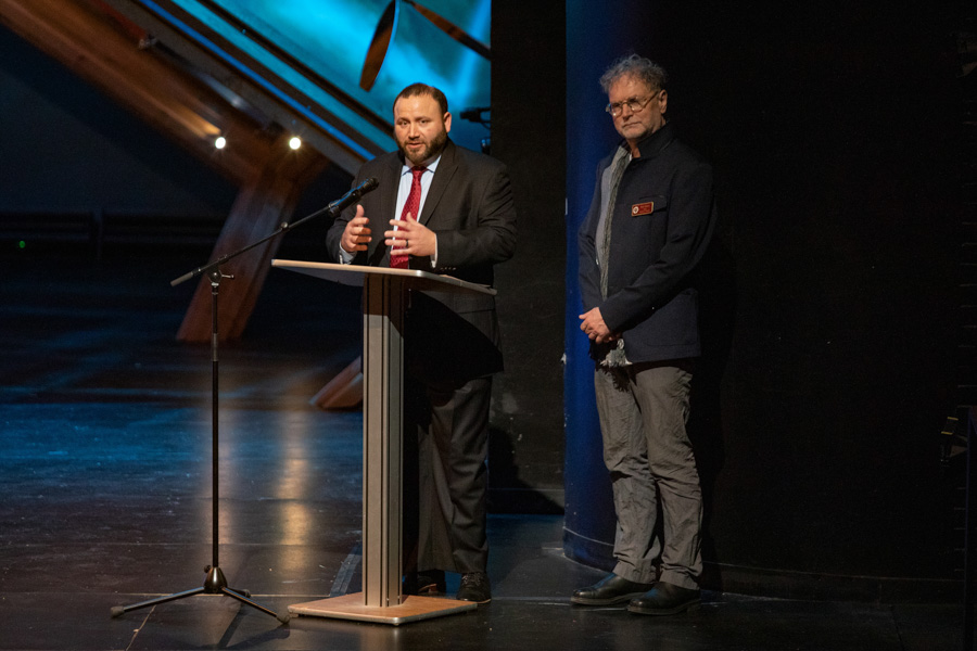 Brad Brock director and Kris Salata chair of the FSU School of Theatre speak at the Prague Quadrennial of Performance Design and Space unveiling on Jan. 12, 2023 in the Richard G. Fallon Theatre. (FSU Photography Services)