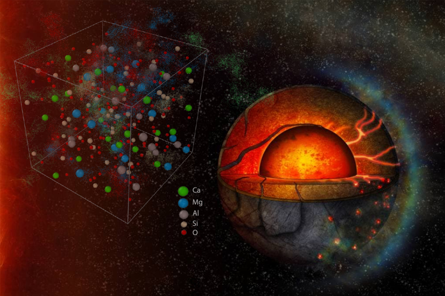 An illustration of Earth by Thibaut Roger, showing the planet as it existed during part of its formation billions of years ago, when an ocean of magma covered the surface of the planet and stretched thousands of miles deep into the core. A typical cell from a simulation conducted by FSU researchers with the relative positions of atoms are shown in the left. (Courtesy of Suraj Bajgain / Lake Superior State University)