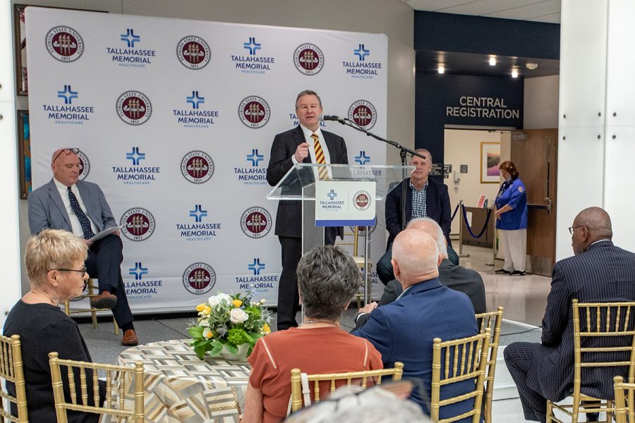 FSU President Richard McCullough speaks during an announcement of designation of land on which the university will build an academic health center held Wednesday, March 8, 2023, in the Dozier Atrium at TMH. (FSU Photography Services)