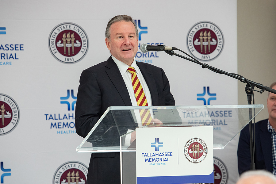 FSU President Richard McCullough speaks during an announcement of designation of land on which the university will build an academic health center held Wednesday, March 8, 2023, in the Dozier Atrium at TMH. (FSU Photography Services)