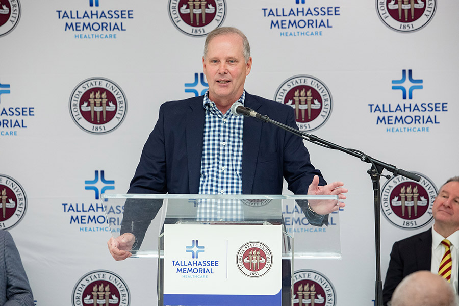 Florida Agriculture Commissioner Wilton Simpson speaks during an announcement of designation of land on which the university will build an academic health center held Wednesday, March 8, 2023, in the Dozier Atrium at TMH. (FSU Photography Services)