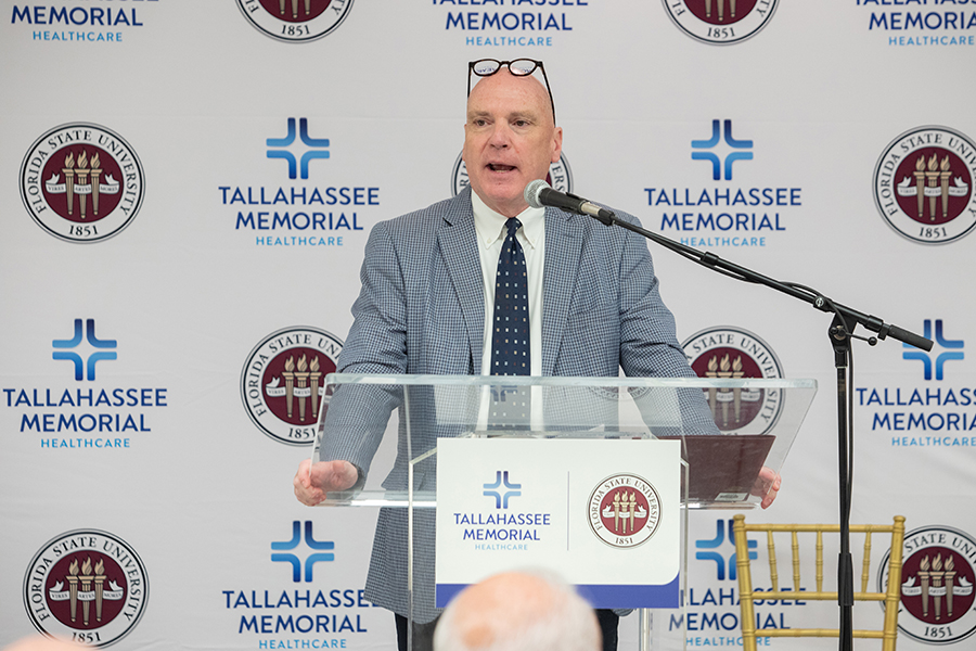 TMH President and CEO Mark O’Bryant speaks during an announcement of designation of land on which the university will build an academic health center held Wednesday, March 8, 2023, in the Dozier Atrium at TMH. (FSU Photography Services)