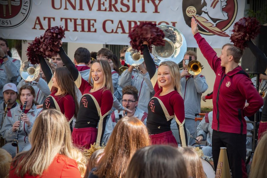 FSU pep band Seminole Sound and FSU Cheerleaders perform during FSU Day at the Capitol on March 21, 2023. (FSU Photography Services)
