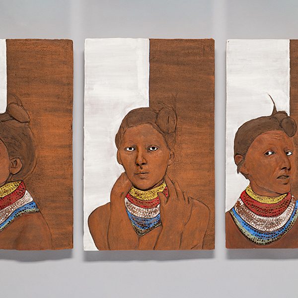 Jessica Osceola (Seminole/Irish, b. 1984), "Portrait One, Portrait Two, and Portrait Three," 2017, bas-relief ceramic, 20 × 38 × 13/16 in. Collection of The John & Mable Ringling Museum of Art, Florida State University, purchased with the support of Daniel J. Denton Florida Art Acquisition Fund, 2022. 2022.8.3. Courtesy of the artist and The John & Mable Ringling Museum of Art.
