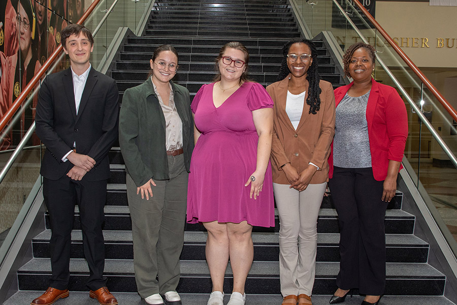 From left, Joseph Masotti, Madison McCraney, Bryttanie Underwood, TaNica Holmes, Adrienne Stephenson, assistant dean in The Graduate School and director of the Office of Graduate Fellowships and Awards.
