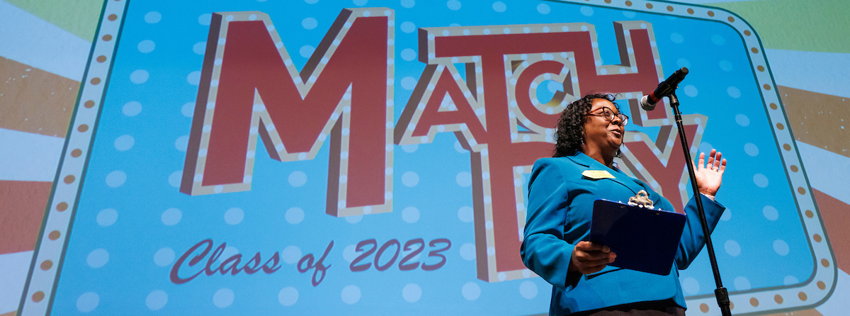 Dr. Alma Littles, Acting Dean of the College of Medicine, welcomes third-year medical students to the annual Matchday on March 17, 2023 at the Ruby Diamond Concert Hall.  (Photo by Colin Hackley)