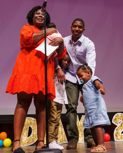 Cylene Stewart and her family as she reveals her match in psychiatry at University of Miami/Jackson Health System. (Photo by Colin Hackley for the FSU College of Medicine.)