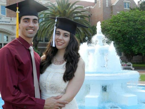 David and Stephanie Ruizcalderon, who met during their freshman year at FSU while living in an LLC, pose in front of Westcott Fountain for a graduation photo in 2016.