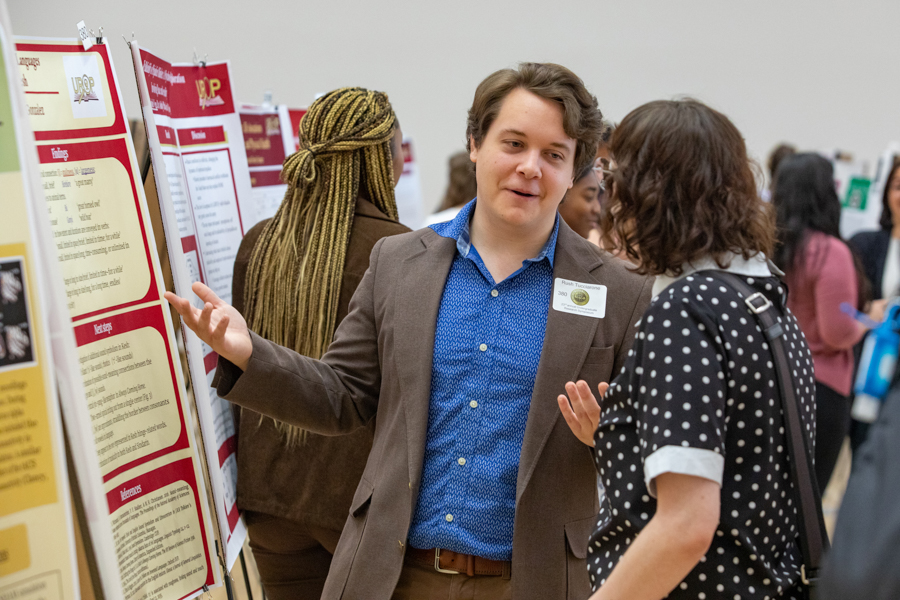 Students present at the 23rd annual Undergraduate Research Symposium in the Student Union ballrooms April 6, 2023. (FSU Photography Services)