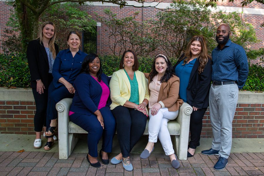 Senior academic guides Melissa Tillery, Lisa Mitchell and LaToya Lee; Assistant Director Dana Auvil; and senior academic guides Sarah Lovins Bacani, Cara Axelrod and Bernard Shuford. (Photo courtesy Undergraduate Studies)