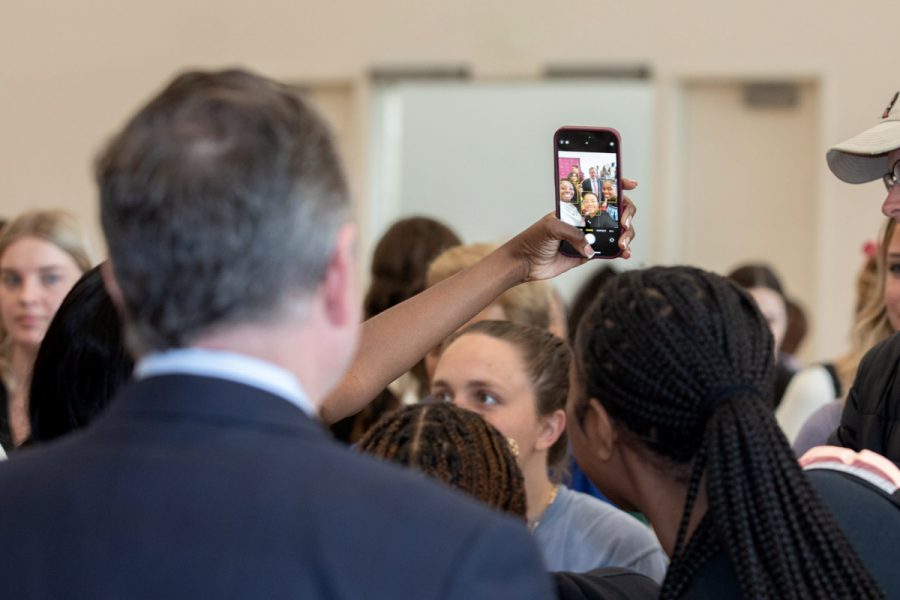 FSU President Richard McCullough takes a selfie with students at the annual President's Ice Cream Social, Thursday, April 13, 2023. (FSU Photography Services)