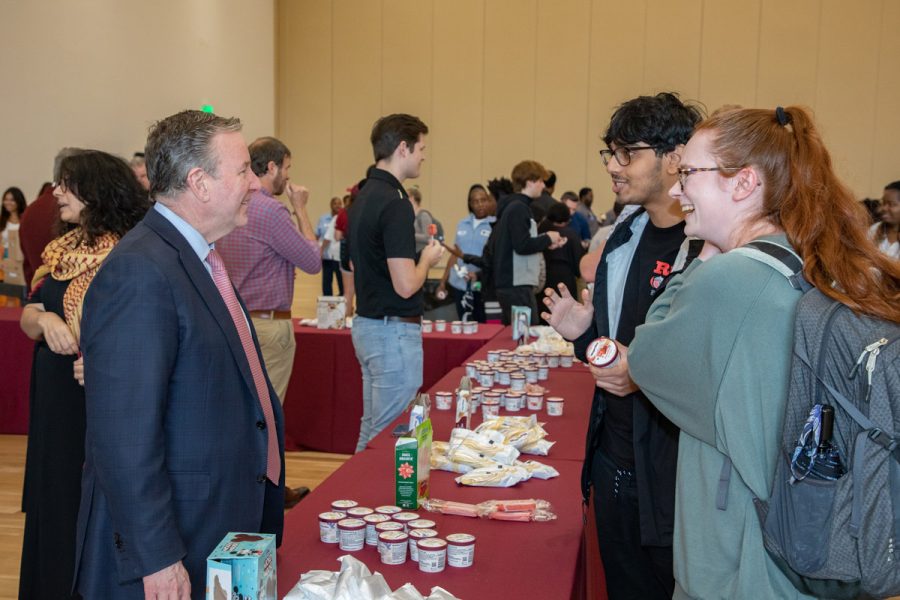 FSU President Richard McCullough greet students at the annual President's Ice Cream Social, Thursday, April 13, 2023. (FSU Photography Services)