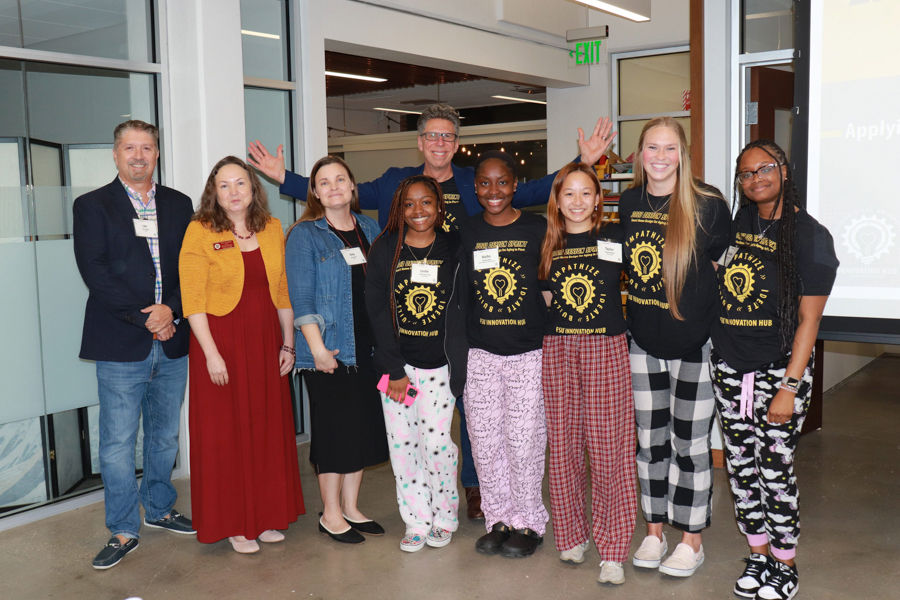 Ken Baldauf, director of FSU Innovation Hub and judges Nasha Damier, Leslie Saint-Louis, Shallum Miller, Olivia Thurber and Taylor Marshall stand with 1st place winning students for their project "The Guardian Angel: A Smart Bed that ensures sleep in REM cycle to combat insomnia and related diseases."