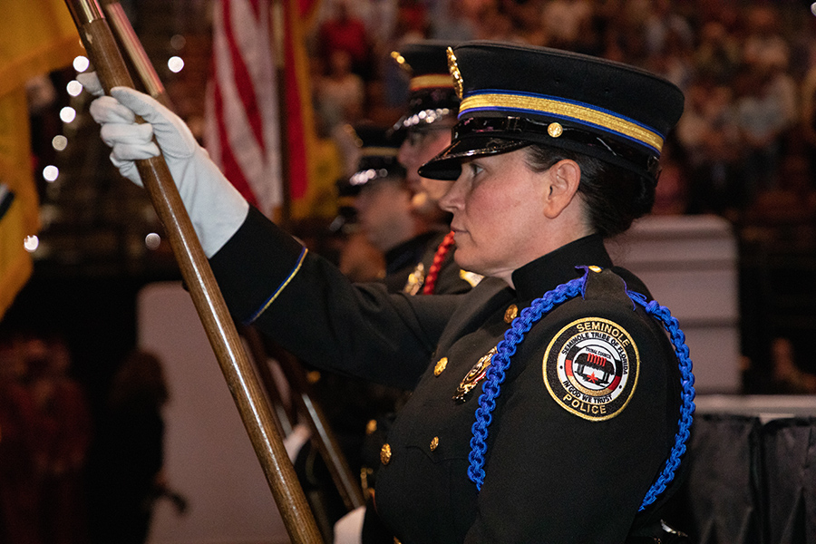 The Seminole Tribe of Florida Color Guard presents the colors at FSU's spring commencement ceremony Friday, May, 5, 2023.(FSU Photography)