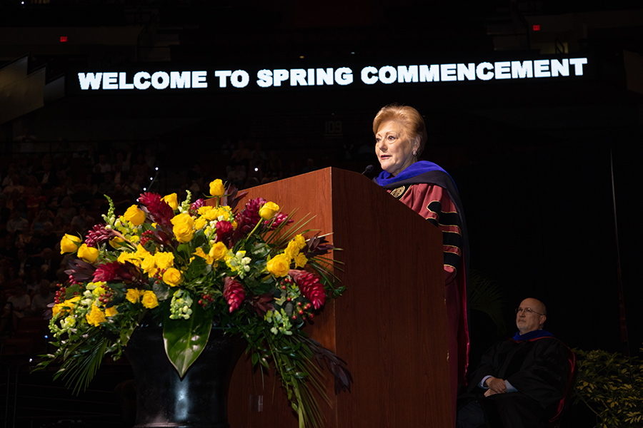 Nan Casper Hillis delivers the commencement address to graduates during the spring commencement Friday, May 5, 2023, at the Donald L. Tucker Civic Center. (FSU Photography)