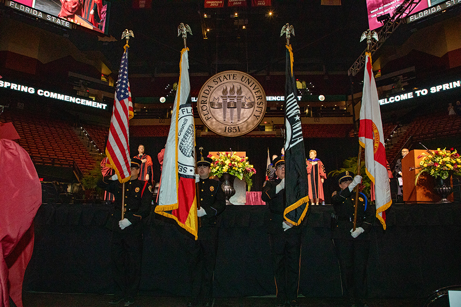 Members of the Seminole Tribe of Florida serve as Color Guard during Florida State University's spring commencement ceremonies Friday, May 5, and Saturday, May 6, 2023, at the Donald L. Tucker Civic Center. (FSU Photography)