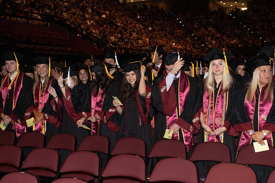 Florida State University graduates celebrate during spring commencement Friday, May 5, 2023, at the Donald L. Tucker Civic Center. (FSU Photography Services)
